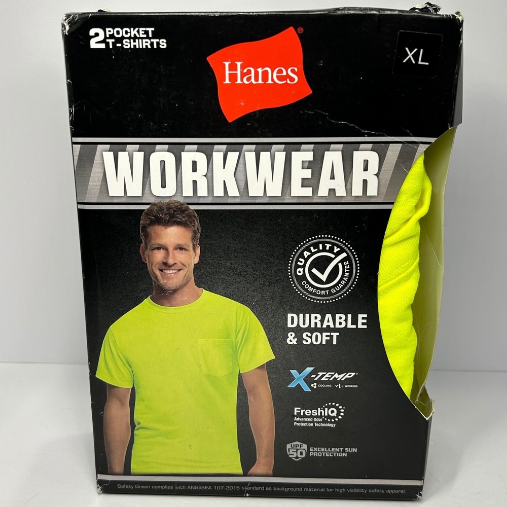 Hanes Workwear 2 Pack Pocket T-Shirts XL Safety Green Hi-Vis X-Temp FreshIQ New